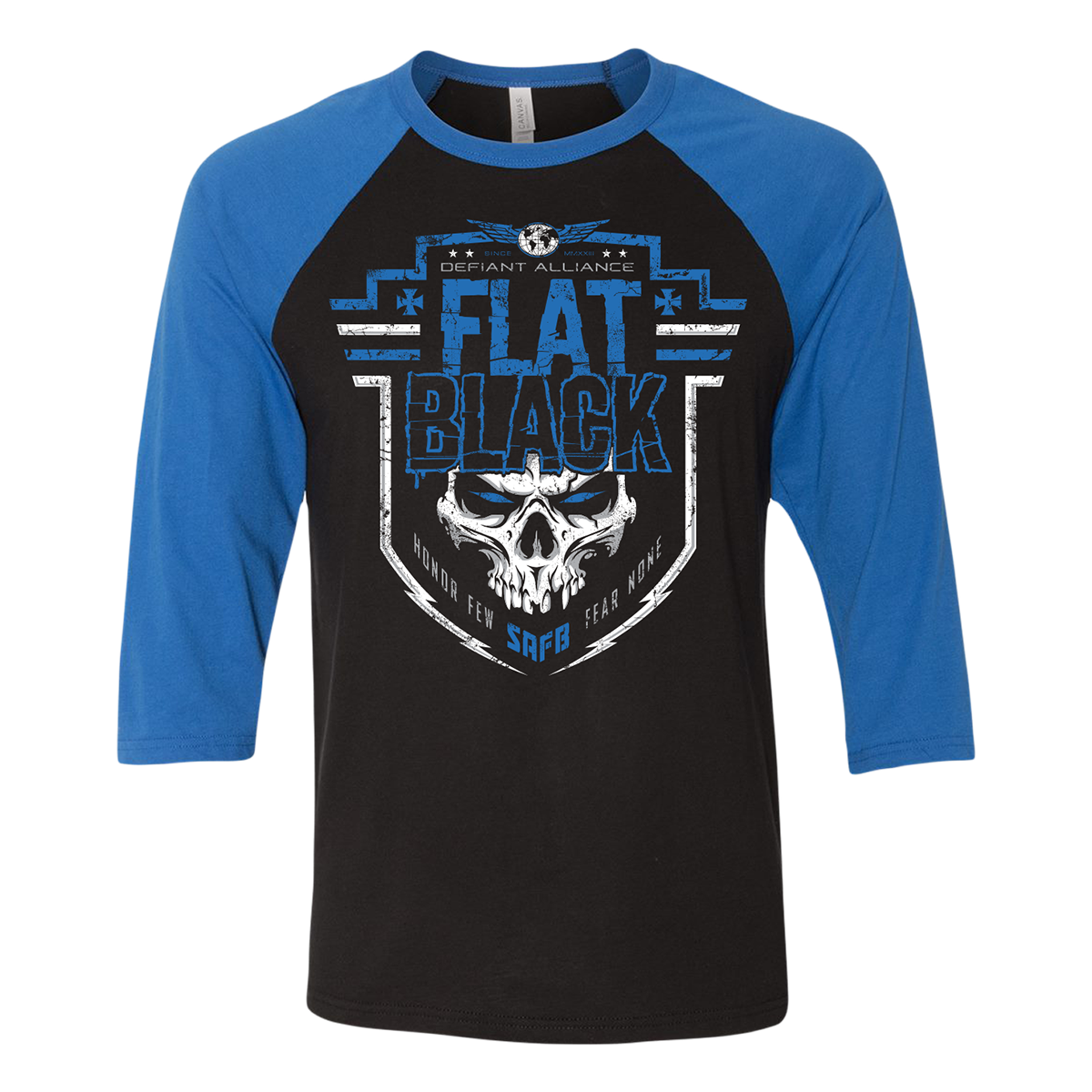 A Defiant printed raglan tee from Flat Black. A unisex fit raglan in black and royal blue.