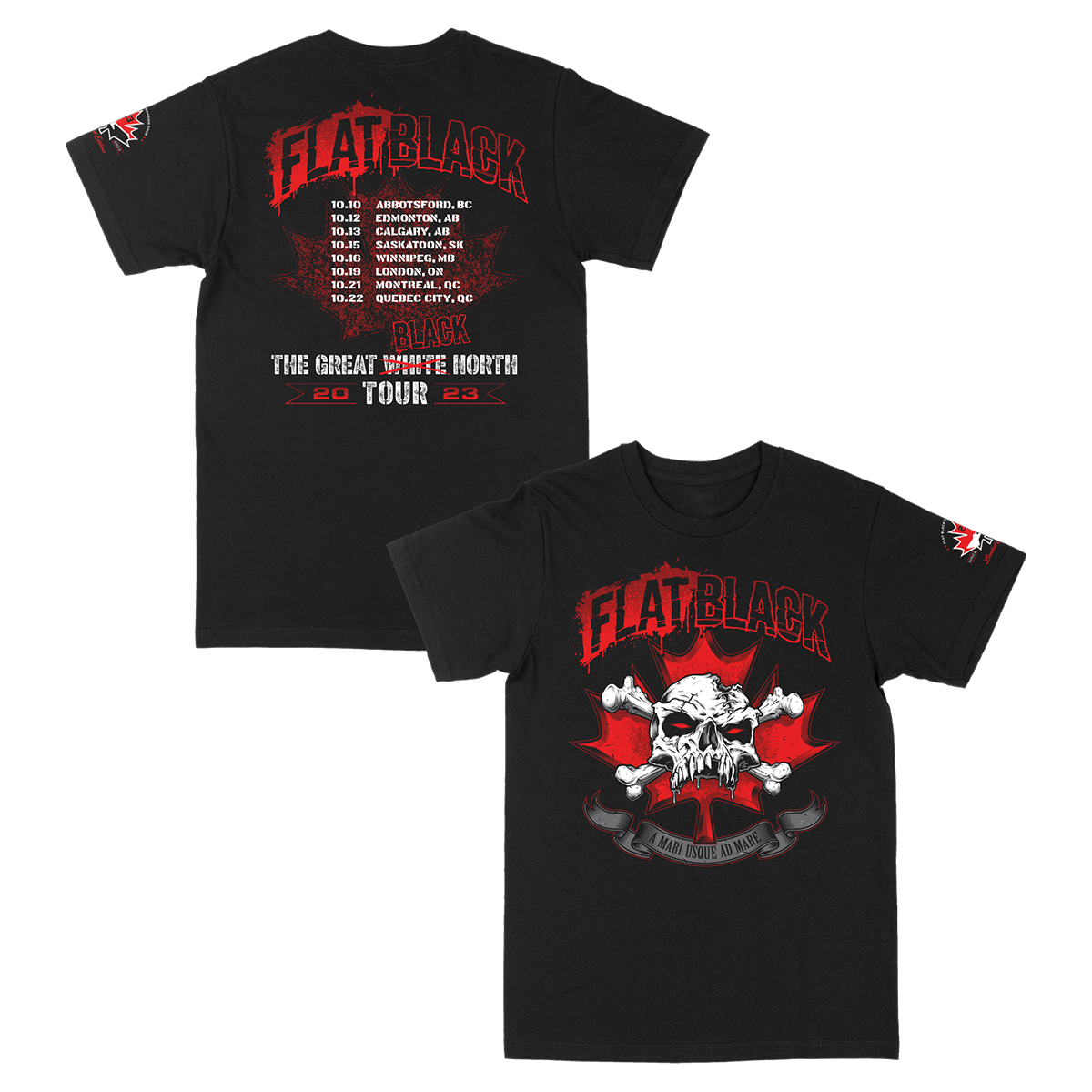 Black cotton tour tee from Flat Black with twenty twenty three Canadian tour dates on the back.