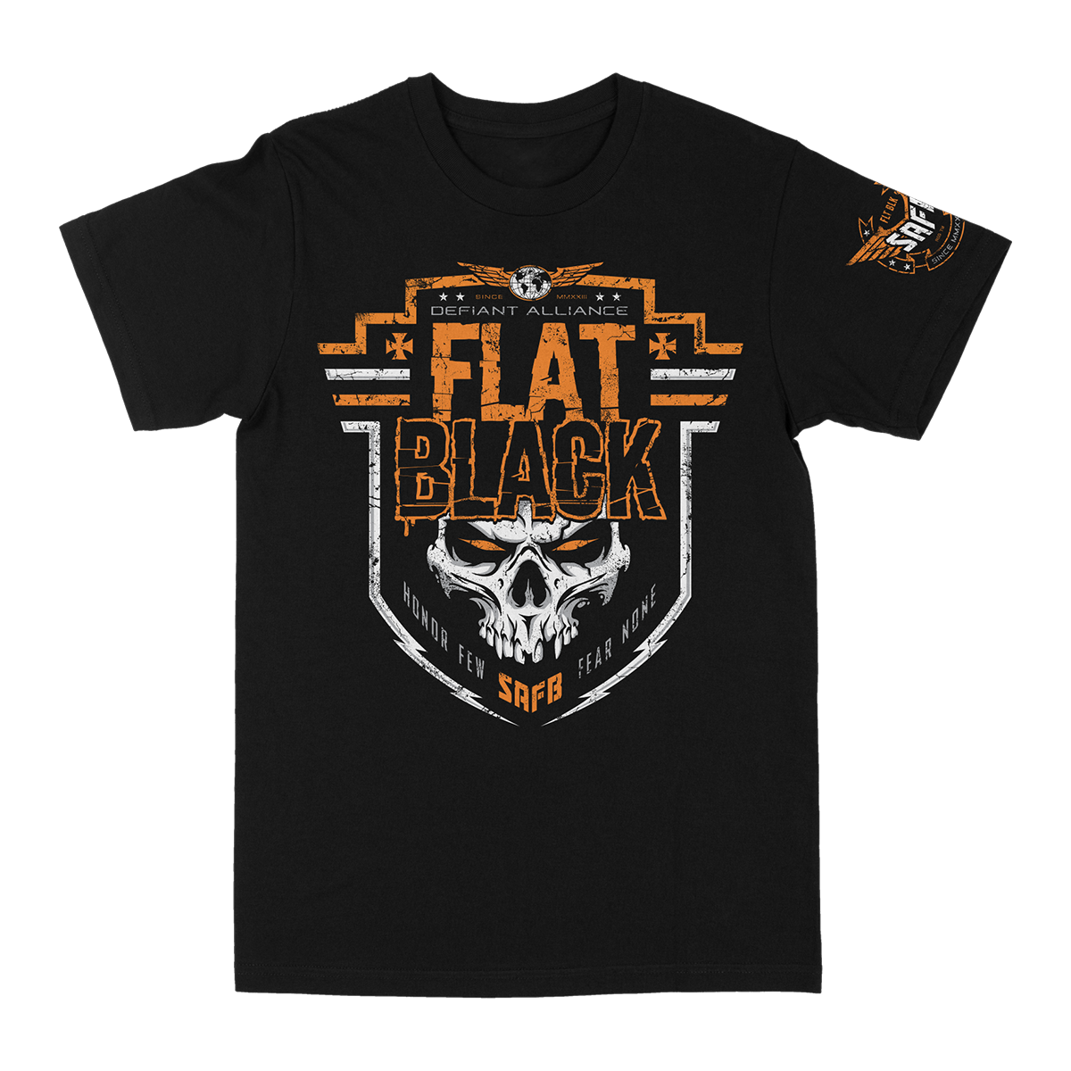 Defiant design printed on a unisex fit tee from Flat Black.
