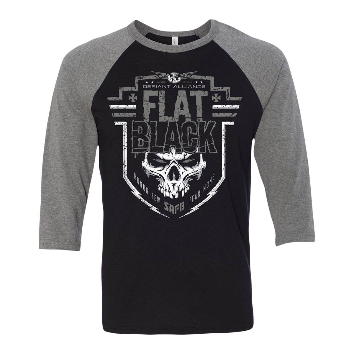 A Defiant printed raglan tee from Flat Black. A unisex fit raglan in black and deep heather grey.