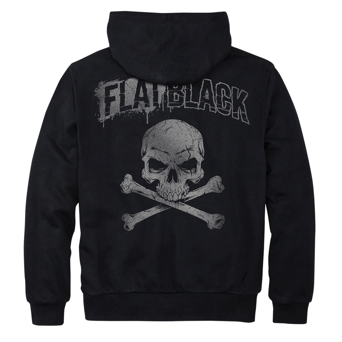 Flat Black logo and skull printed on a unisex fit black hoodie.