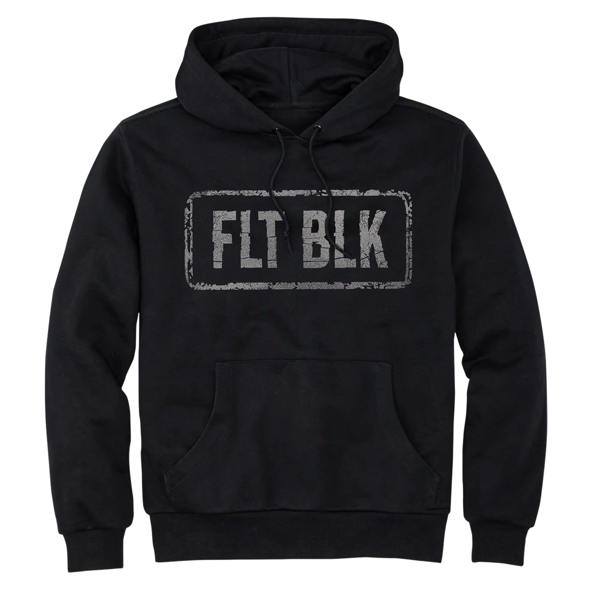 Flat Black logo and skull printed on a unisex fit black hoodie.