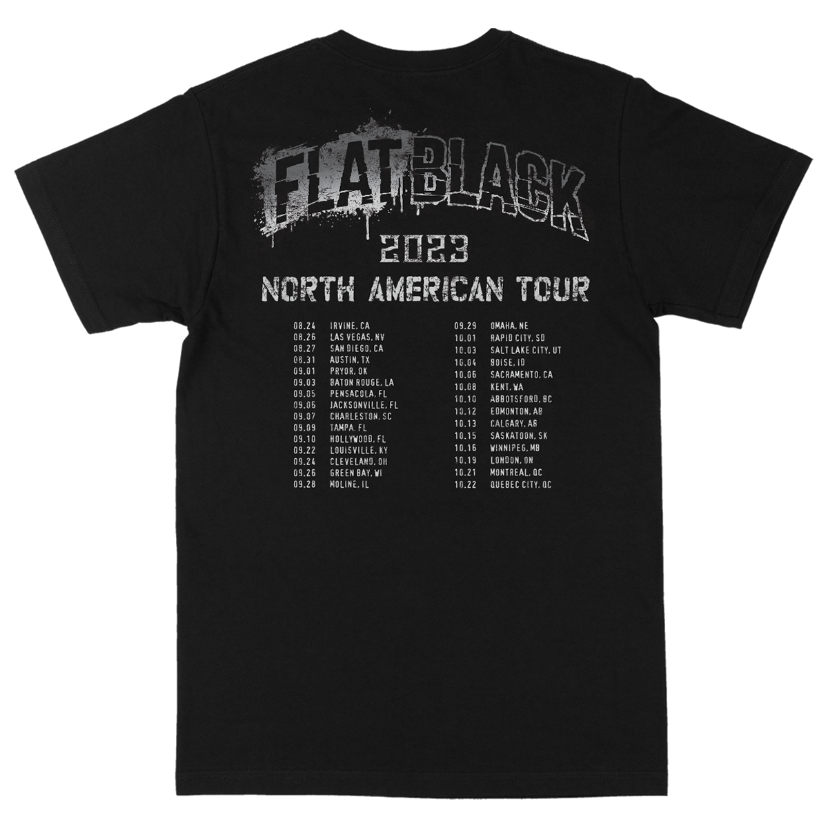 A black cotton Justice tour tee from Flat Black.