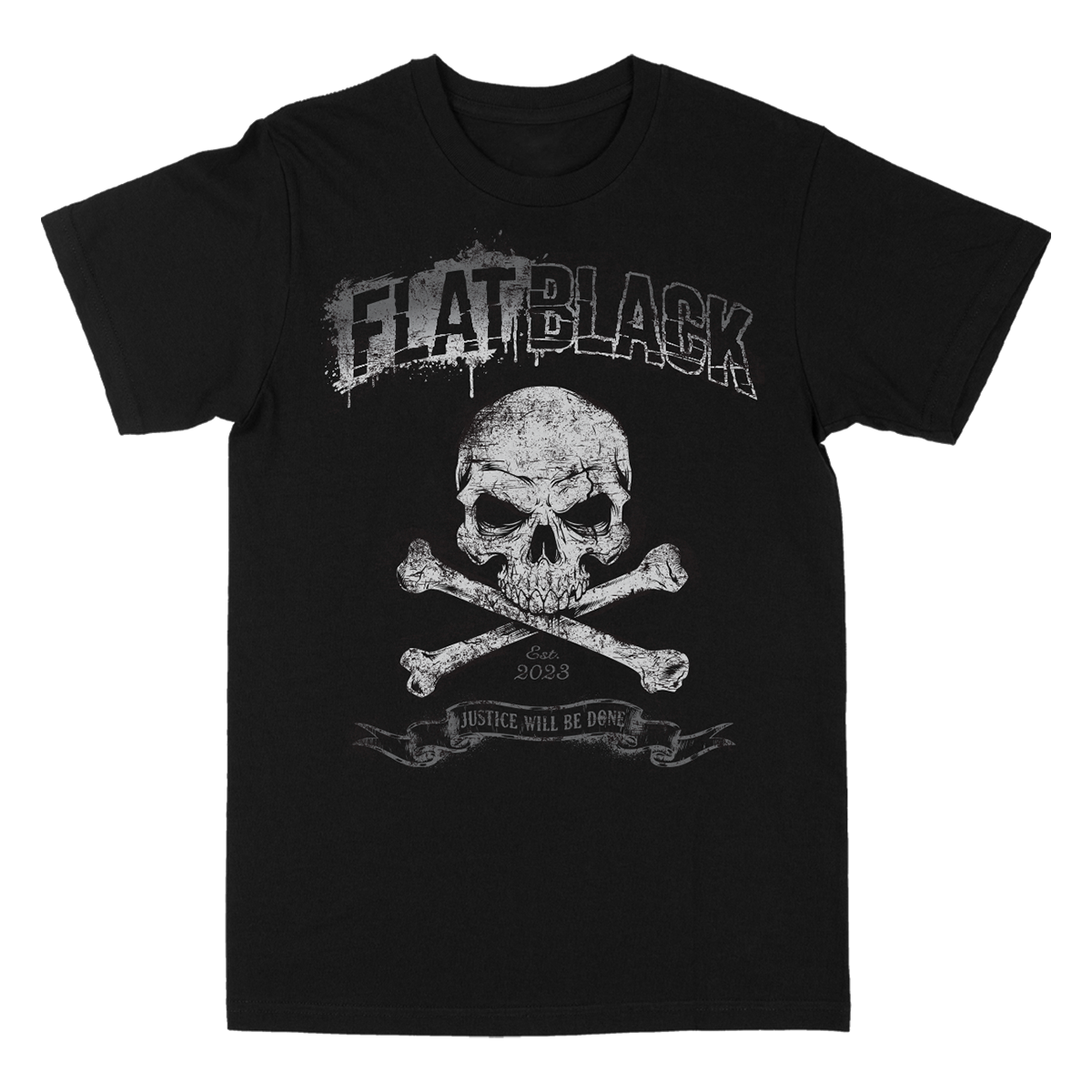 A black cotton Justice tour tee from Flat Black.