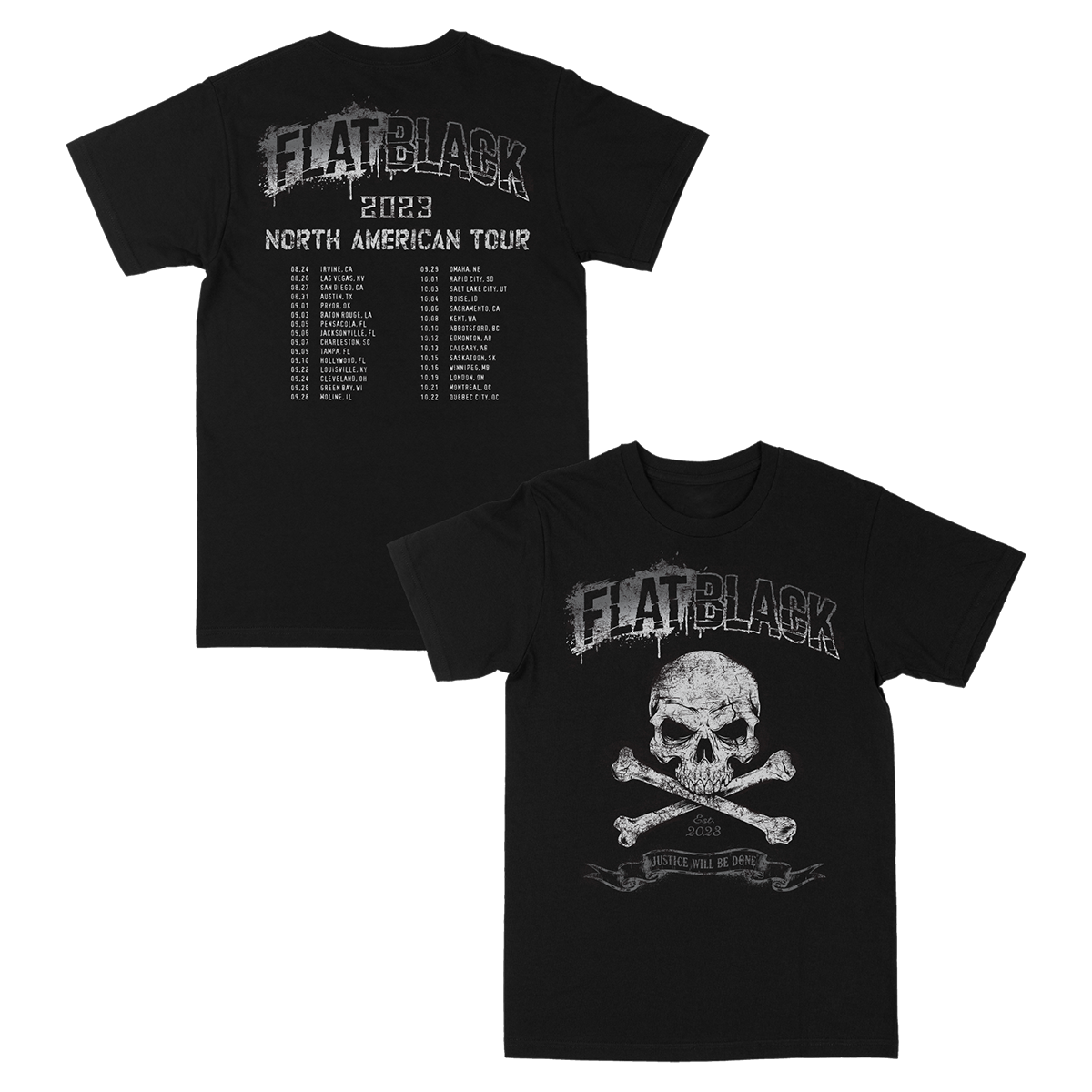 A black cotton Justice tour tee from Flat Black.