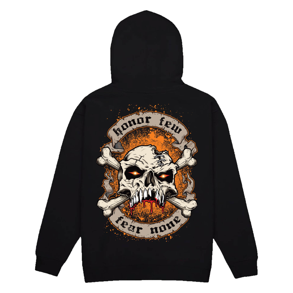 Classic black hoodie sweatshirt with artwork on the back and Flat Black logo on the front.