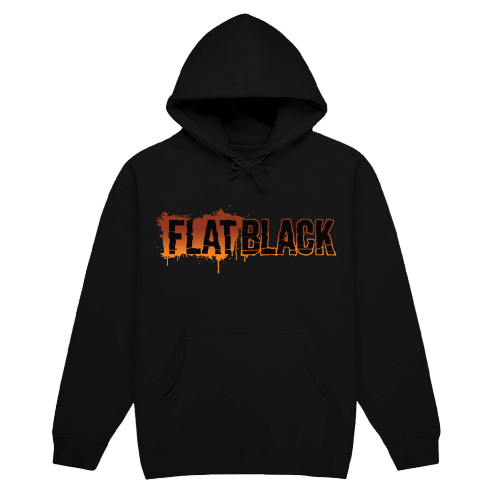 Classic black hoodie sweatshirt with artwork on the back and Flat Black logo on the front.