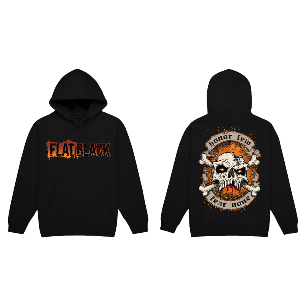 Classic black hoodie sweatshirt with artwork on the back and Flat Black logo on the front.