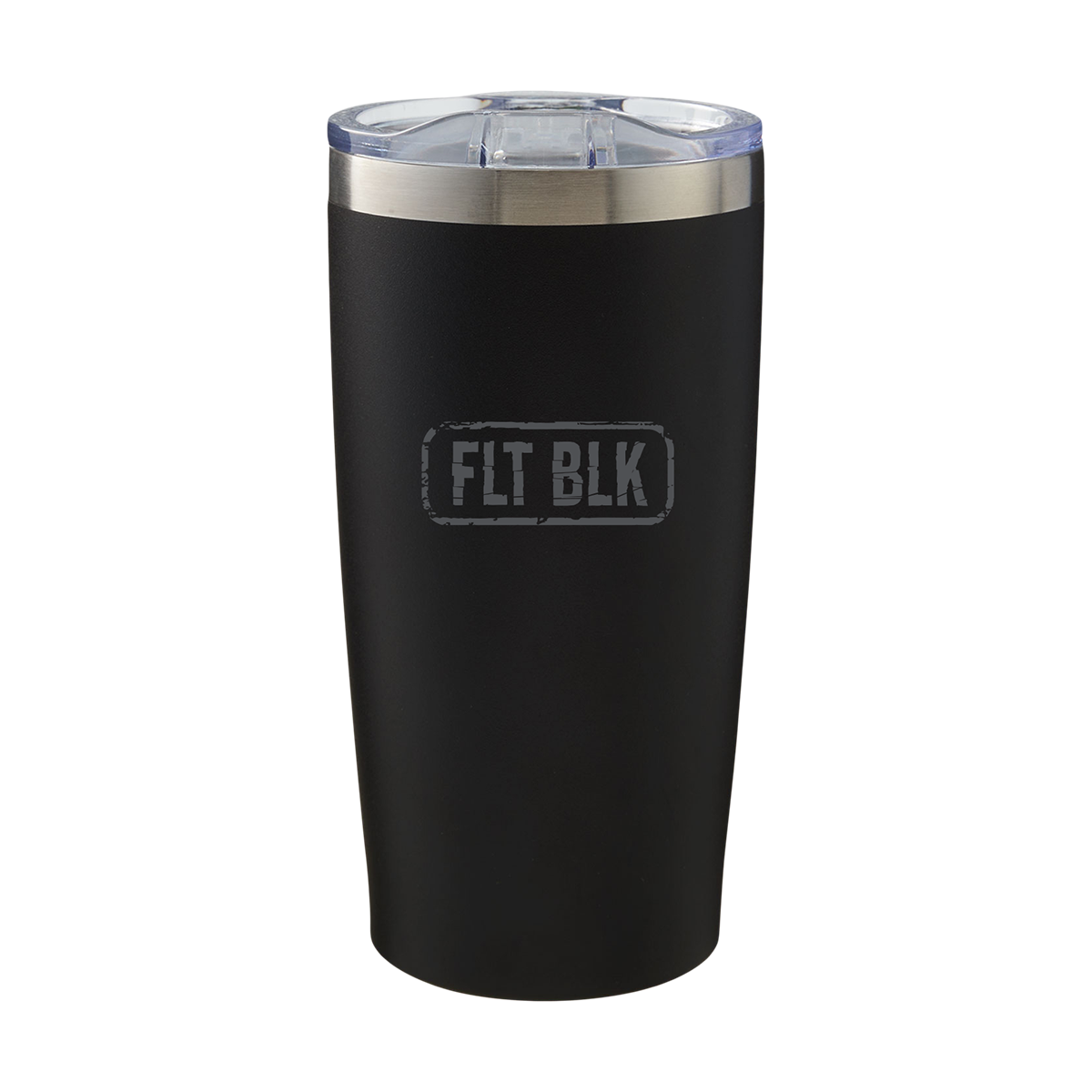 Flat Black logo printed on a twenty two ounce stainless steel tumbler.