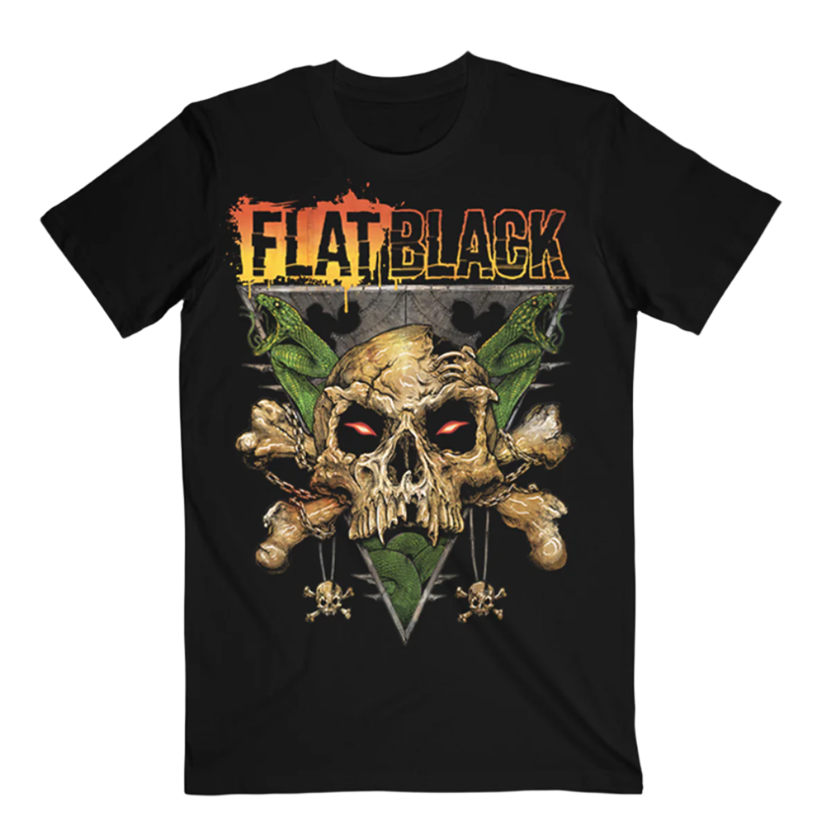 A black cotton short sleeve tee with custom Flat Black artwork across the front.