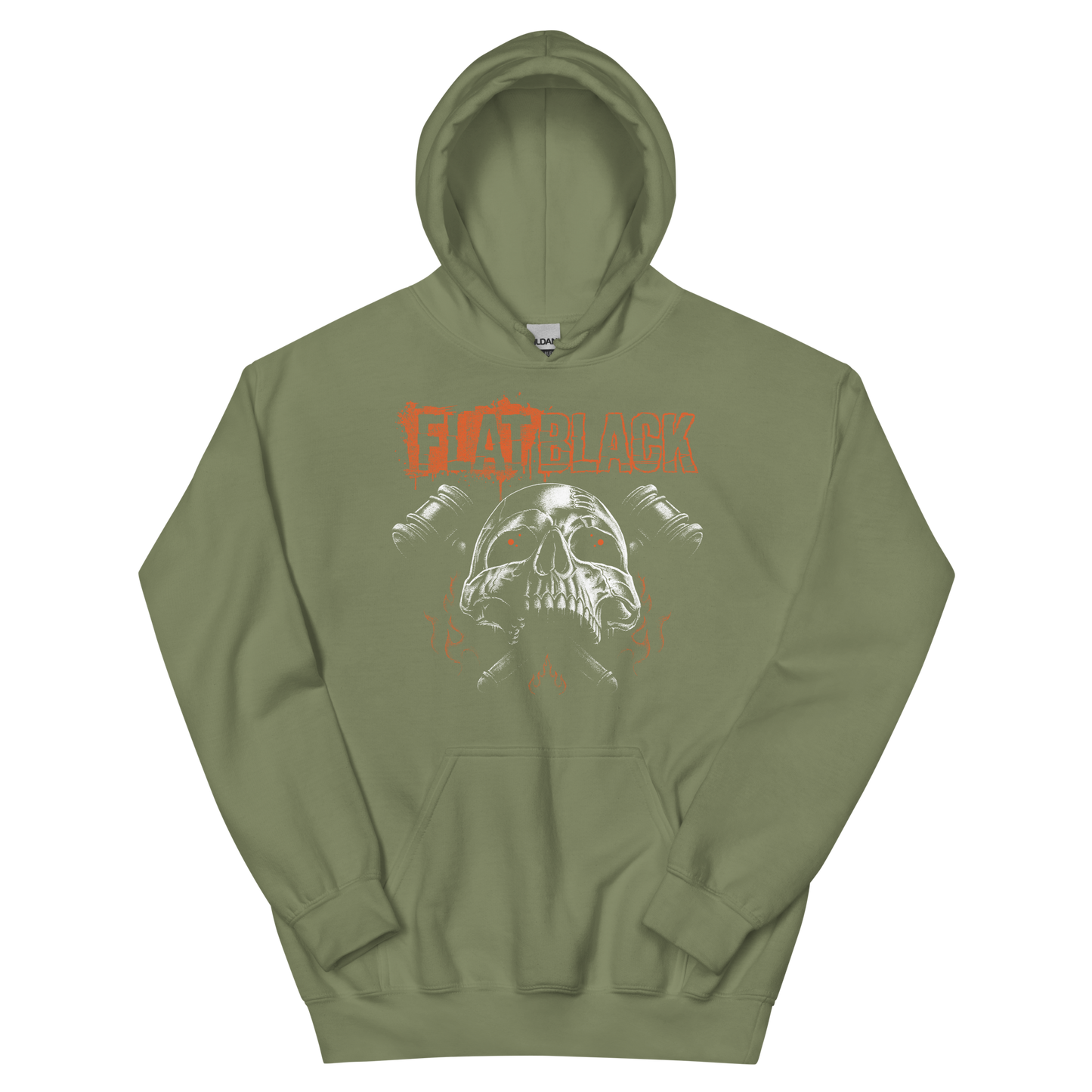 A classic military green hoodie with custom Flat Black artwork across the front.