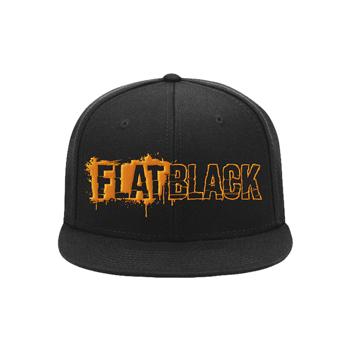 A black Flat Black baseball cap with official logo embroidered in orange. 