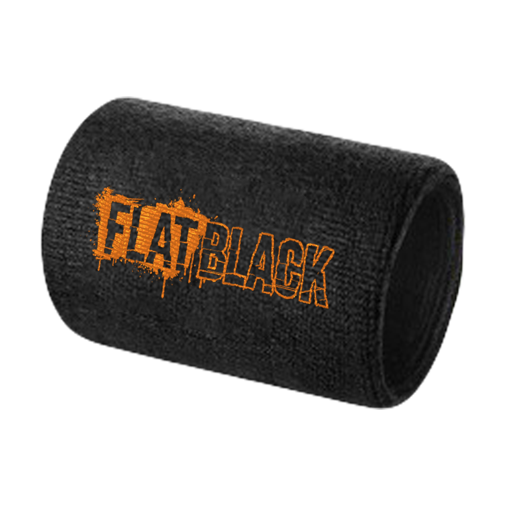 A black sweat wristband with orange Flat Black logo. 
