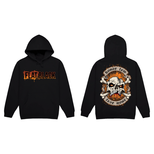 Classic black hoodie sweatshirt with artwork on the back and Flat Black logo on the front. 