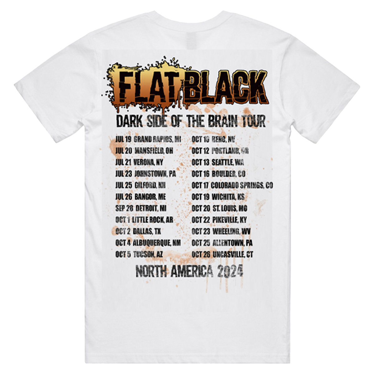 Classic white short sleeve tee with Dark Side of the Brain album artwork on the front and North American tour itinerary on the back, from Flat Black.