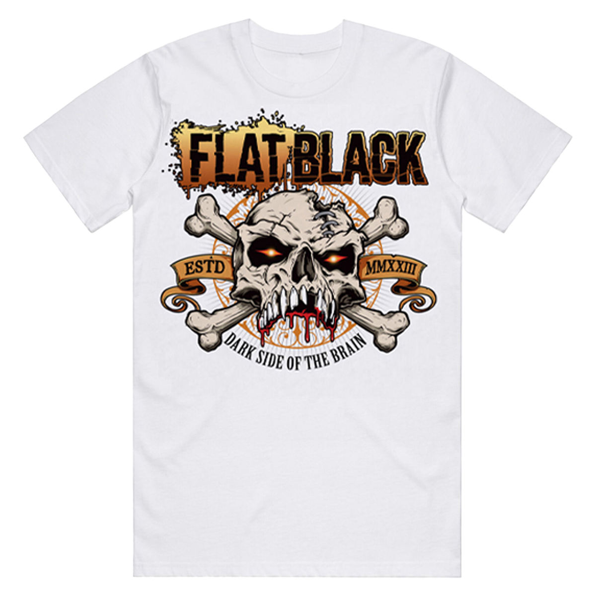 Classic white short sleeve tee with Dark Side of the Brain album artwork on the front and North American tour itinerary on the back, from Flat Black.