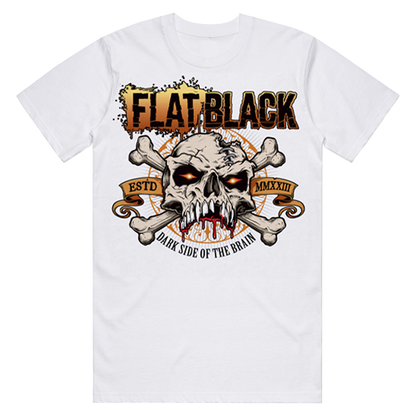 Classic white short sleeve tee with Dark Side of the Brain album artwork on the front and North American tour itinerary on the back, from Flat Black.