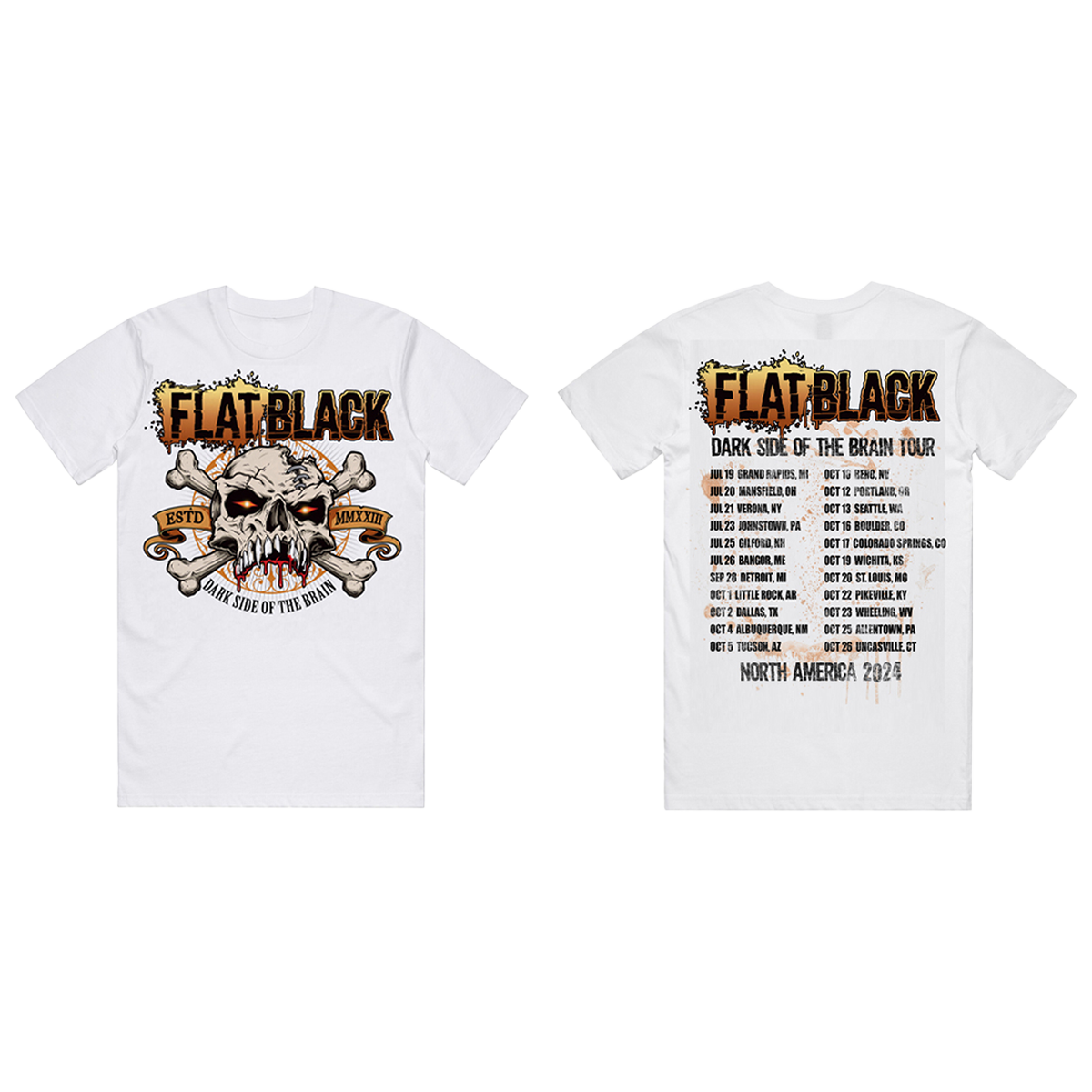 Classic white short sleeve tee with Dark Side of the Brain album artwork on the front and North American tour itinerary on the back, from Flat Black.