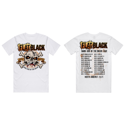 Classic white short sleeve tee with Dark Side of the Brain album artwork on the front and North American tour itinerary on the back, from Flat Black.