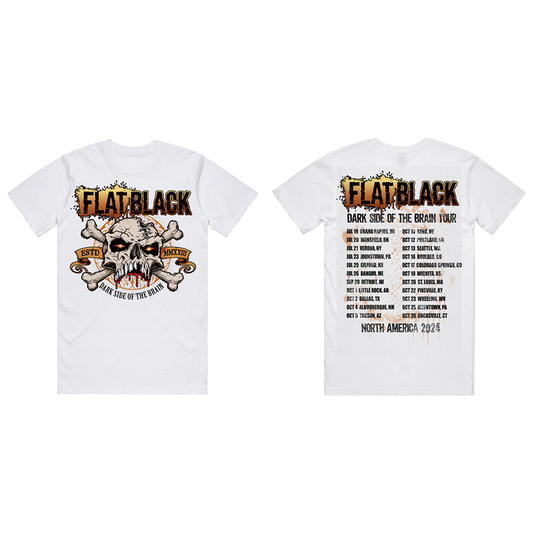 Classic white short sleeve tee with Dark Side of the Brain album artwork on the front and North American tour itinerary on the back, from Flat Black.