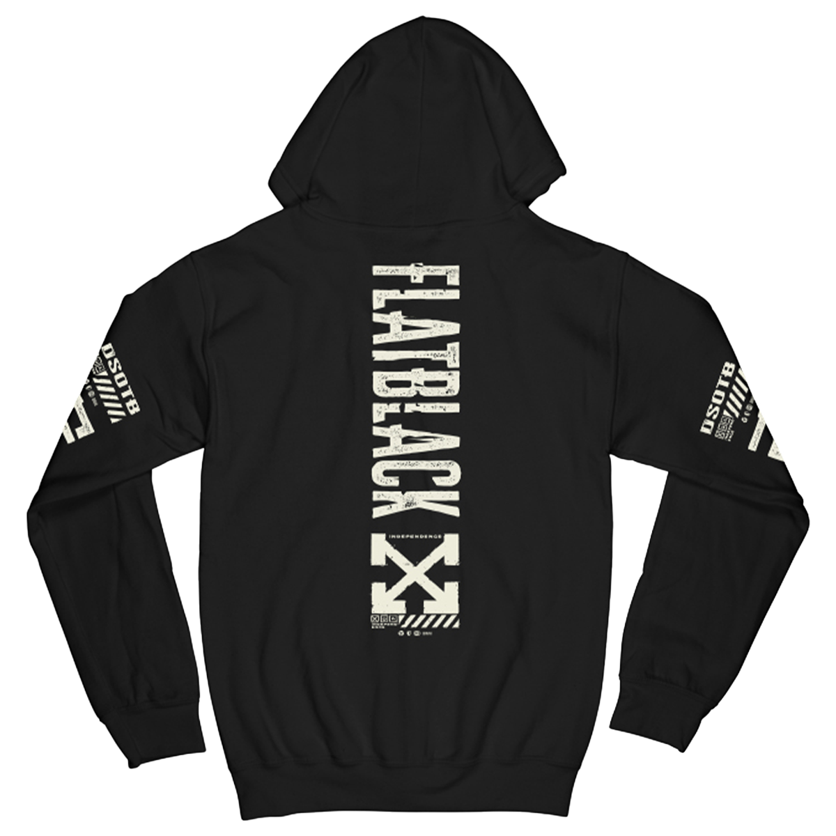 A classic cotton blend black hoodie with custom artwork along the sleeves, at the front, and at the back, from Flat Black.