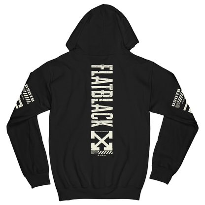 A classic cotton blend black hoodie with custom artwork along the sleeves, at the front, and at the back, from Flat Black.