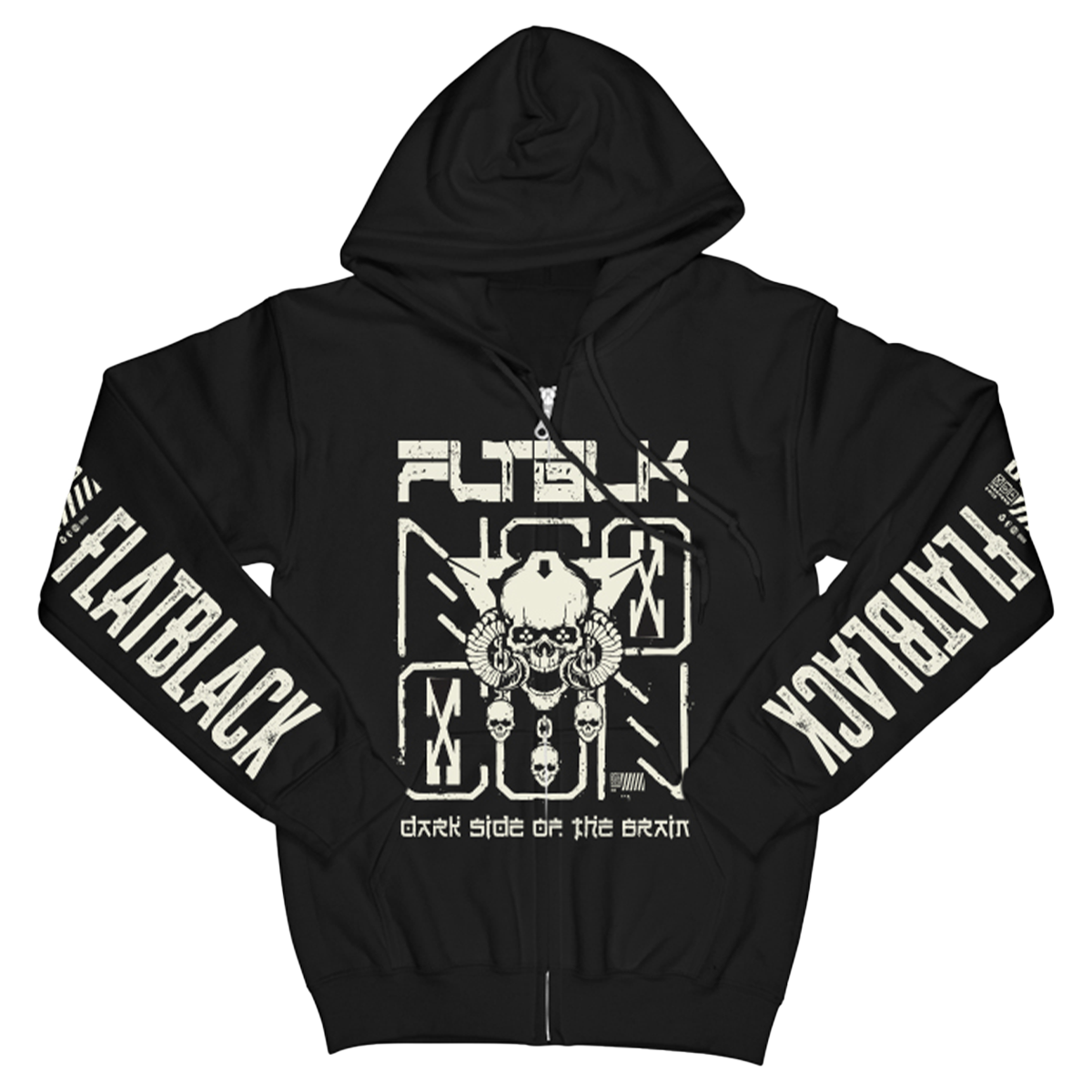 A classic cotton blend black hoodie with custom artwork along the sleeves, at the front, and at the back, from Flat Black.