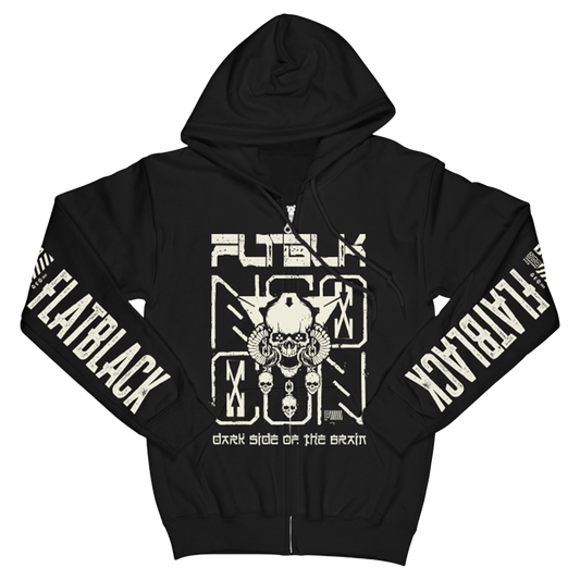 A classic cotton blend black hoodie with custom artwork along the sleeves, at the front, and at the back, from Flat Black.