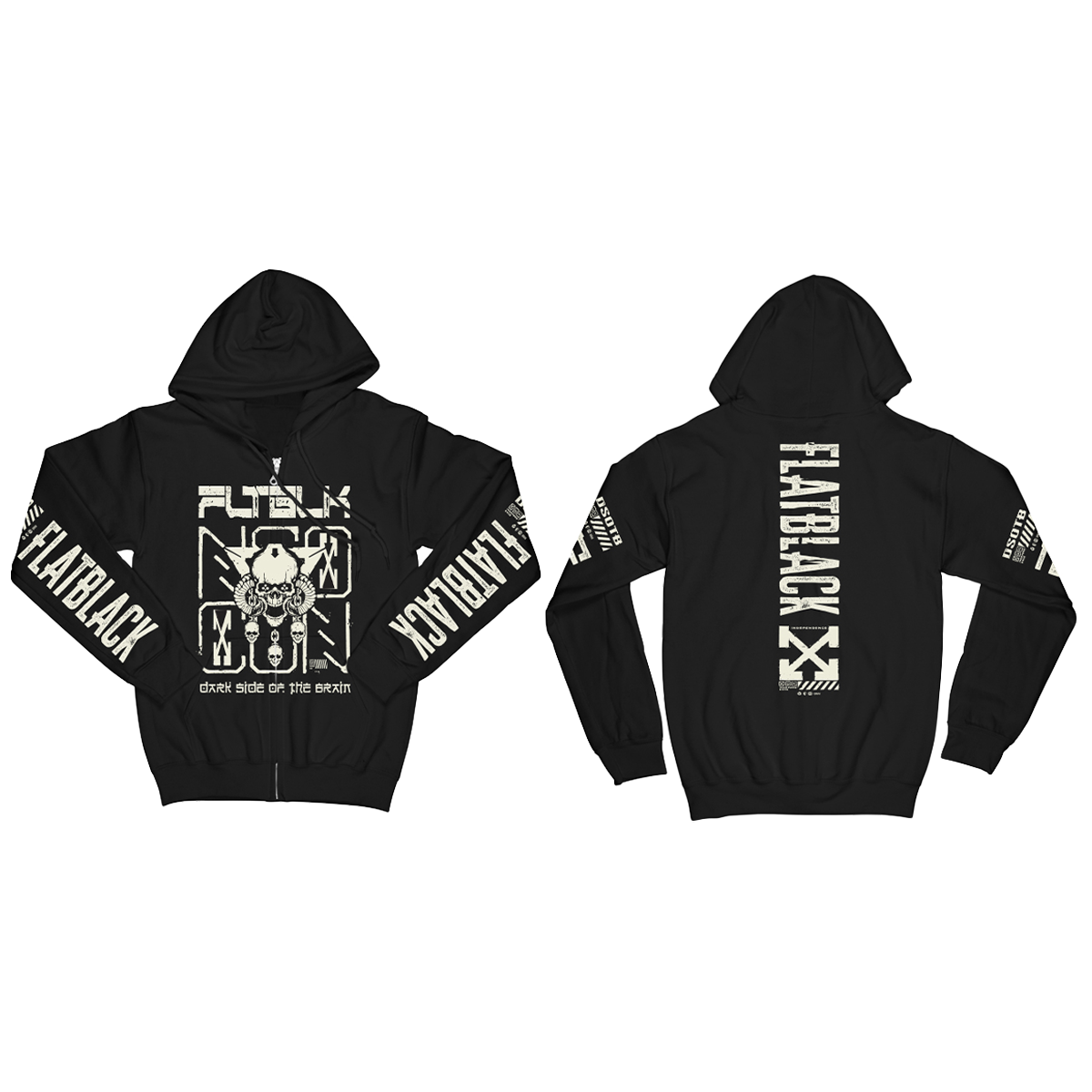 A classic cotton blend black hoodie with custom artwork along the sleeves, at the front, and at the back, from Flat Black.