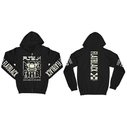 A classic cotton blend black hoodie with custom artwork along the sleeves, at the front, and at the back, from Flat Black.