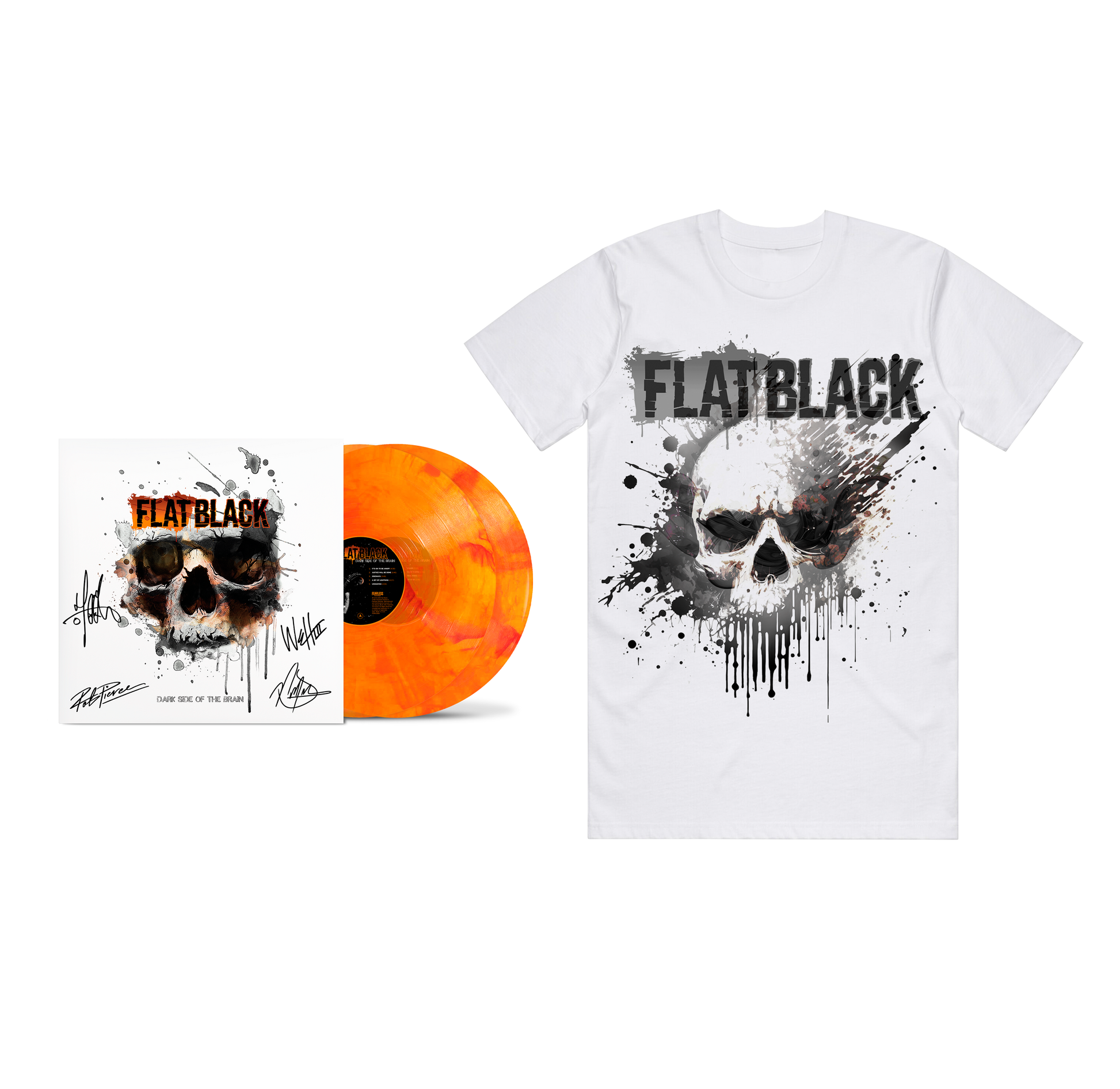 Dark Side of the Brain autographed vinyl from Flat Black, with the album tee in white. 