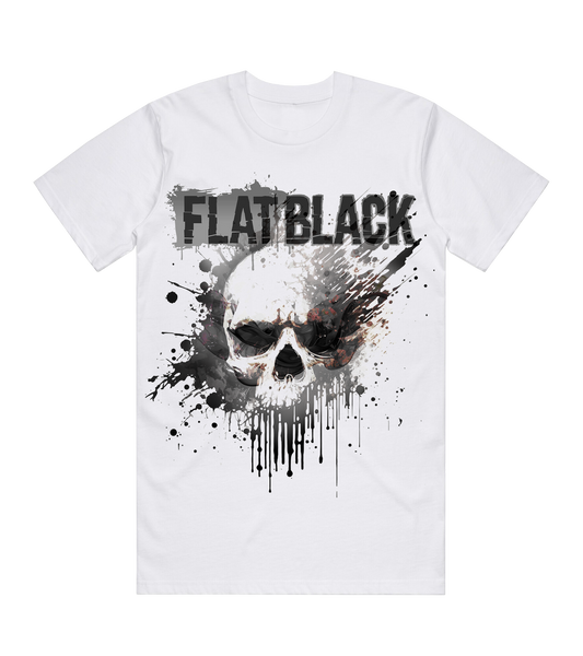 White cotton tee shirt with Flat Black logo and artwork on the front.