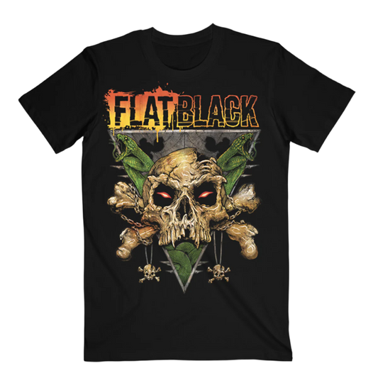 A black cotton short sleeve tee with custom Flat Black artwork across the front. 