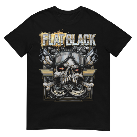 Black t-shirt with a skull and crossbones design and 'Flat Black' text on a white background