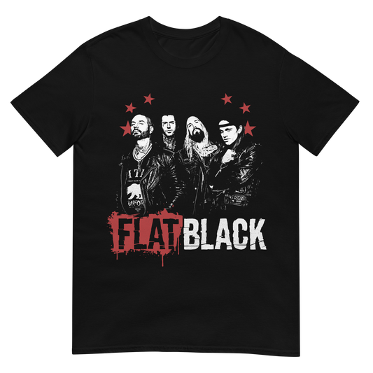 Black t-shirt with 'Flat Black' graphic design featuring four individuals and red stars on a white background.