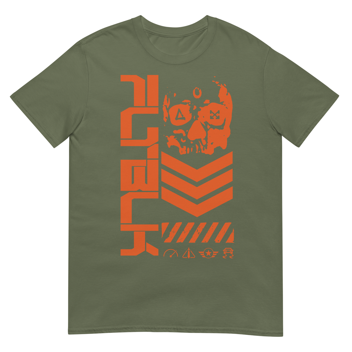 Flat Black Chevron Skull Tee featuring orange skull artwork, military chevrons, and industrial-style icons on a green t-shirt.